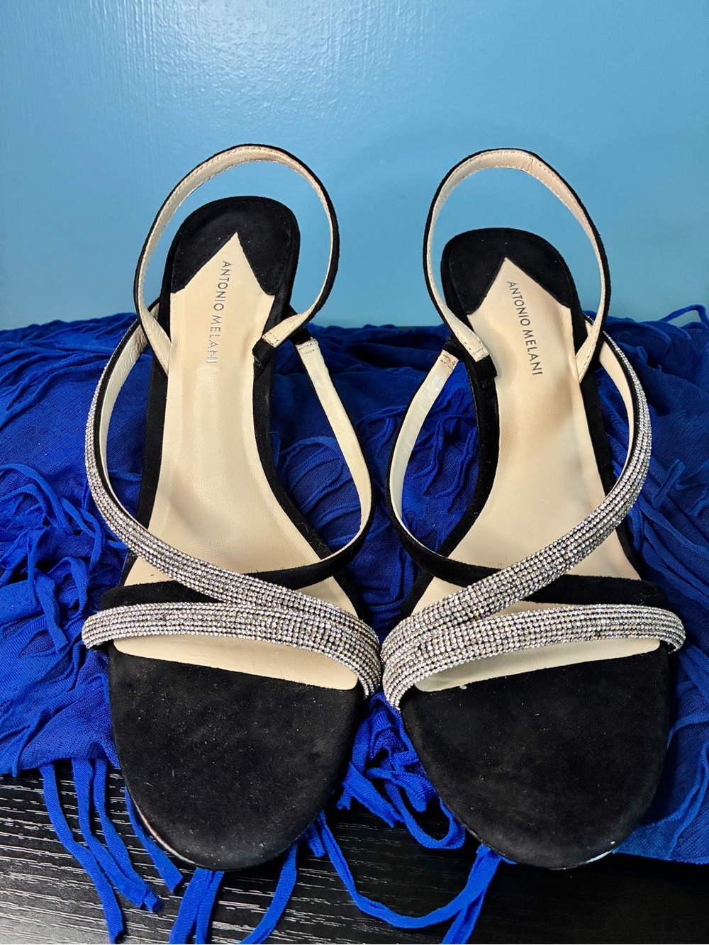 ANTONIO MELANI Black Suede Slingback Heels with Silver Crystal Straps